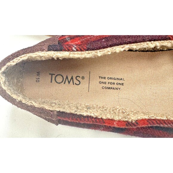 TOMS ALPARGATA LEATHER WRAP BARN RED PLAID SHEARLING LINED SHOES W10 - Picture 2 of 9